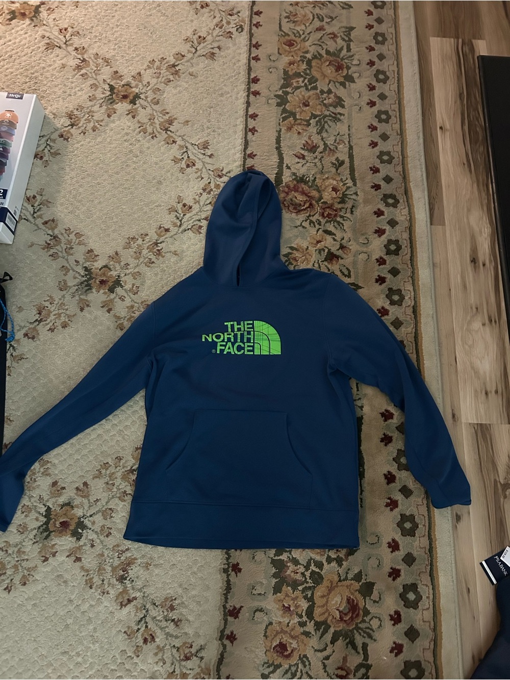 The North Face Men’s Navy Blue Crewneck Hoodie with Lime Logo